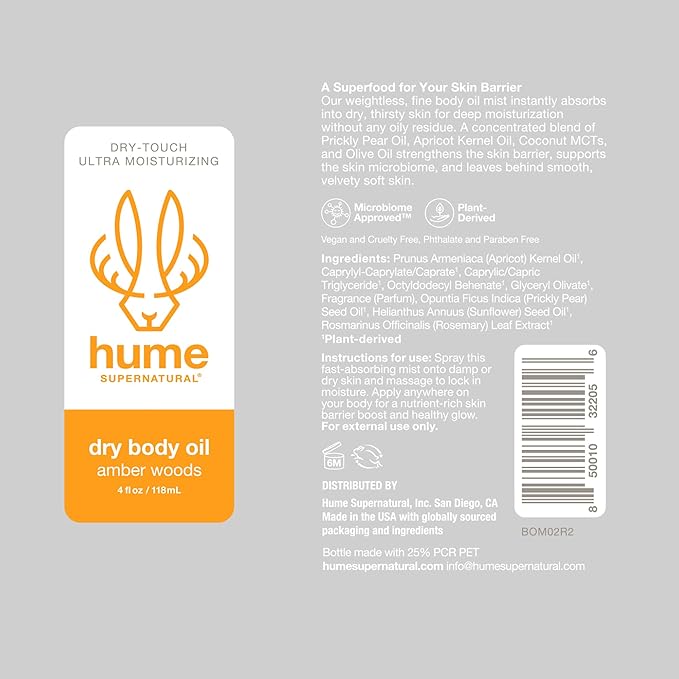 HUME SUPERNATURAL Dry Body Oil Spray - Ultra Hydrating Oil for Dry Skin, Light and Nourishing Body Oils for Women and Men, Long-Lasting Moisture (Amber Woods 2-Pack)