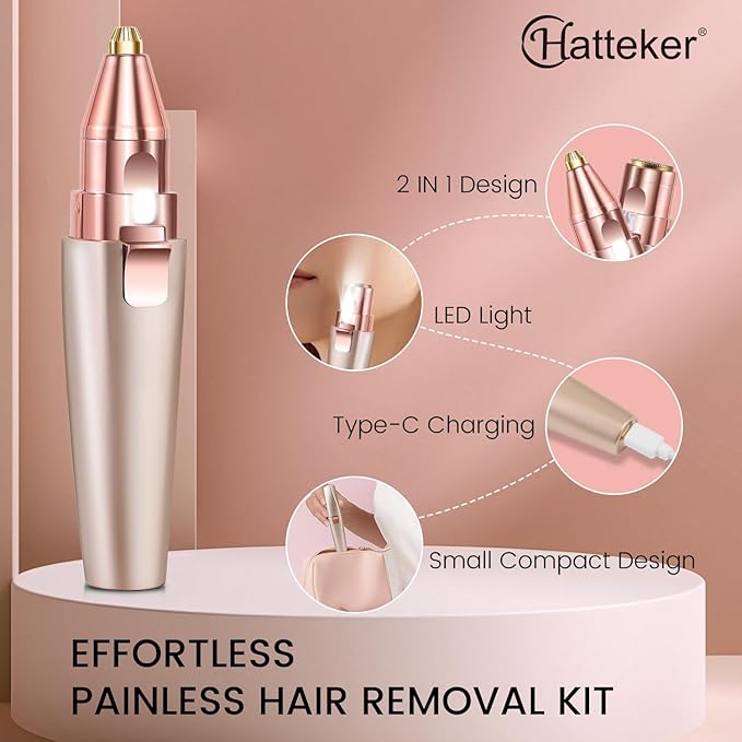 Hatteker Eyebrow Facial Trimmer, 2 in1 Rechargeable Hair Removal and Eyebrow Shaver - Face Lips Body Painless Razor with Built-in LED Light (Rose Gold)