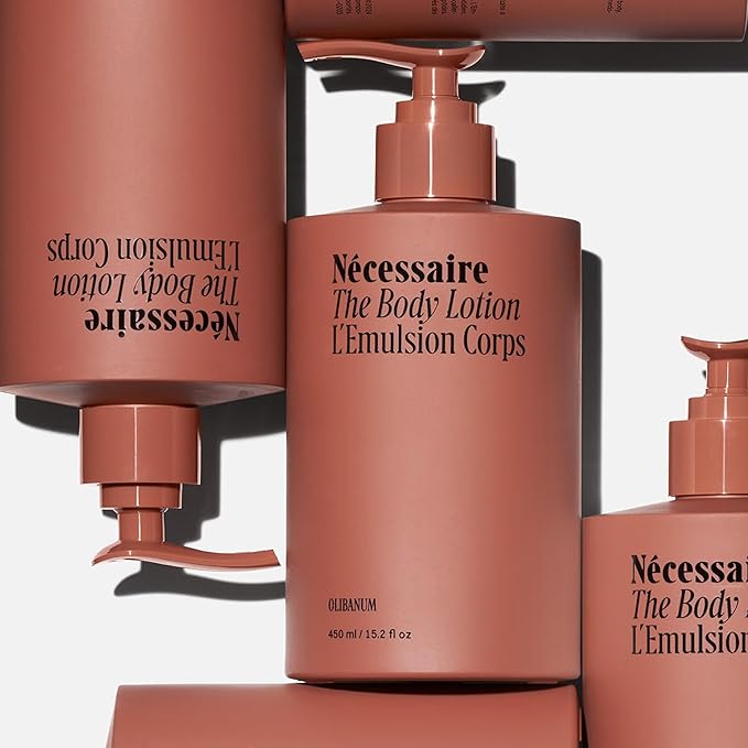 Nécessaire The Body Lotion with Pump. Olibanum. Multi-Peptide Firming to Moisturize + Strengthen. 2.5% Niacinamide, Vitamin C/E + Omega 6/9. Notes of Vanilla, Fig Leaf, & Cassis Buds. 450ml/15.2 fl oz