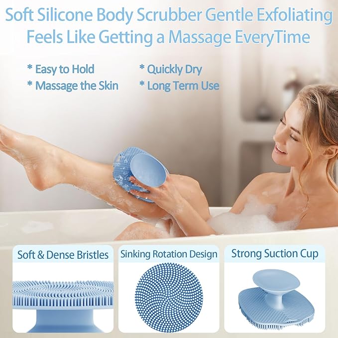 Soft Silicone Body Scrubber Gentle Like a Hand Exfoliating Your Skin and Build Up Lather, Back Large Suction Cup Easy to Store, & Deep Clean (Body Scrubber + Face Scrubber Blue)