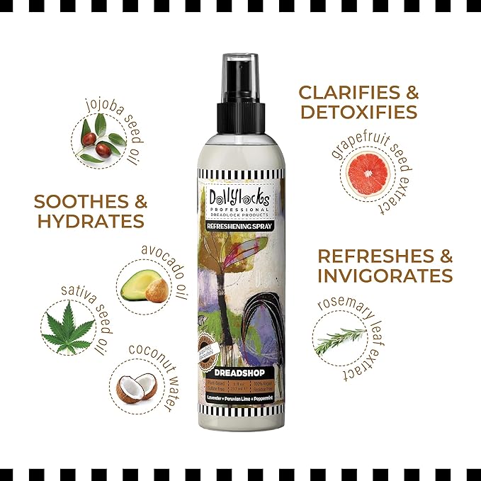 Dollylocks Refreshening Spray - Dreadshop - Plant Based Loc Hair Care Products, Residue-free and Sulfate-free Loc and Scalp Refreshing Spray for Dreadlocks, 8oz