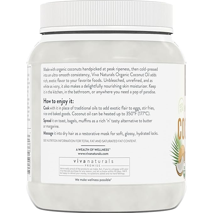Viva Naturals Organic Coconut Oil - Unrefined, Cold-Pressed Extra Virgin Coconut Oil, USDA Organic and Non-GMO Cooking Oil, Great as Hair Oil and Skin Oil, 54 fl oz