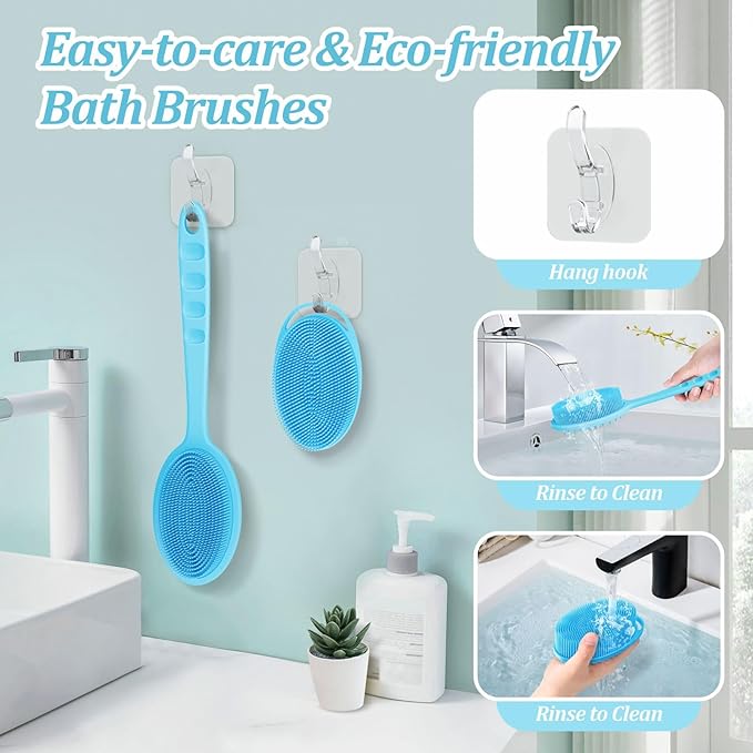 Silicone Back & Body Scrubber Set 2PCS, 13.4'' Gentle Exfoliating Back Scrubber with Dual-Side Head and Non-Slip Handle, Hygienic Silicone Loofah with Soft Bristles and Massage Dots(Blue-2PC)