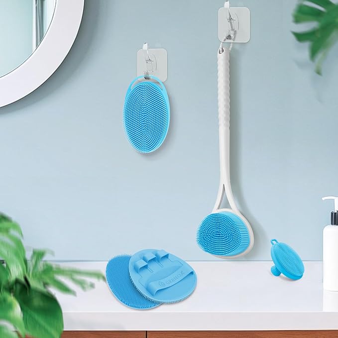 Silicone Back Body Face Scrubbers Set 4PCS, 15.35’’ Back Scrubber Soft Body Scrubber for Dual-Side Usage, Easy-to-Hold Soft Bath Glove & Face Scrubber for Good Foaming Deep Cleaning(Blue)