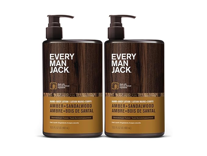 Every Man Jack Mens Amber + Sandalwood Hand & Body Lotion for All Skin Types - Dermatologist Tested & Hypoallergenic - Nourish Skin with Lightweight Fast Absorbing Lotion - 13.5oz 2 Bottles