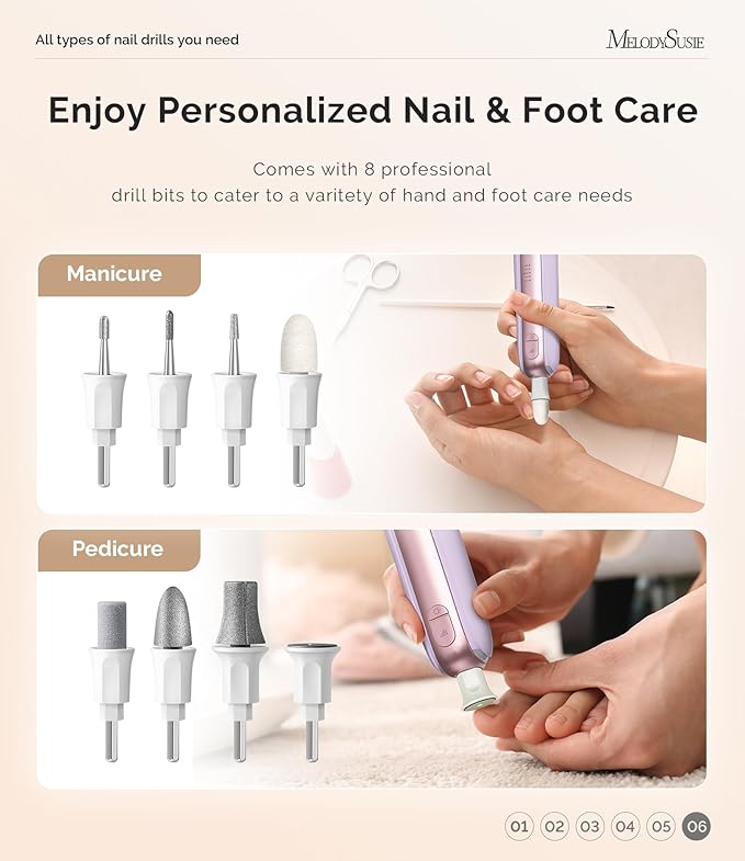 MelodySusie Professional Manicure Pedicure Kit,8-in-1 Electric Nail Drill Set with 5 Speeds,Rechargeable Cordless E-File with 360° LED Light,Perfect Hand Foot Care Trimmer Polish Tools - PC760G