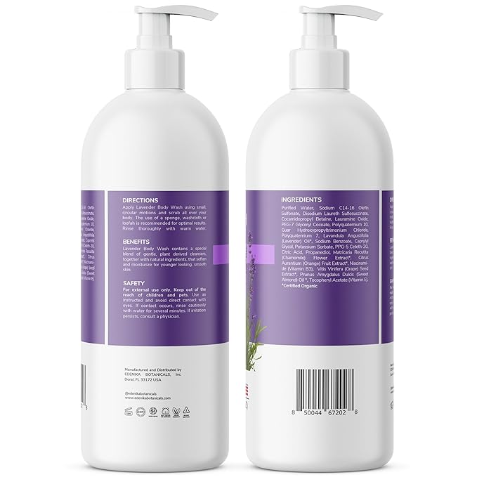 Edenika Lavender Body Wash with Vitamin E, Cleanses, Relaxes & Moisturizes, Stress Relief Shower Gel for Dry and Sensitive Skin, Women & Men, Organic & Natural, 16 fl oz, 2-Pack