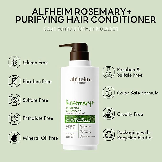 ALFHEIM Rosemary+ Purifying Shampoo | Rosemary & Mint Infused | Refreshes Scalp, Removes Build-Up & Balances Oil | Gentle for Oily Hair & Sensitive Scalp | Sulfate-Free | 18 fl oz