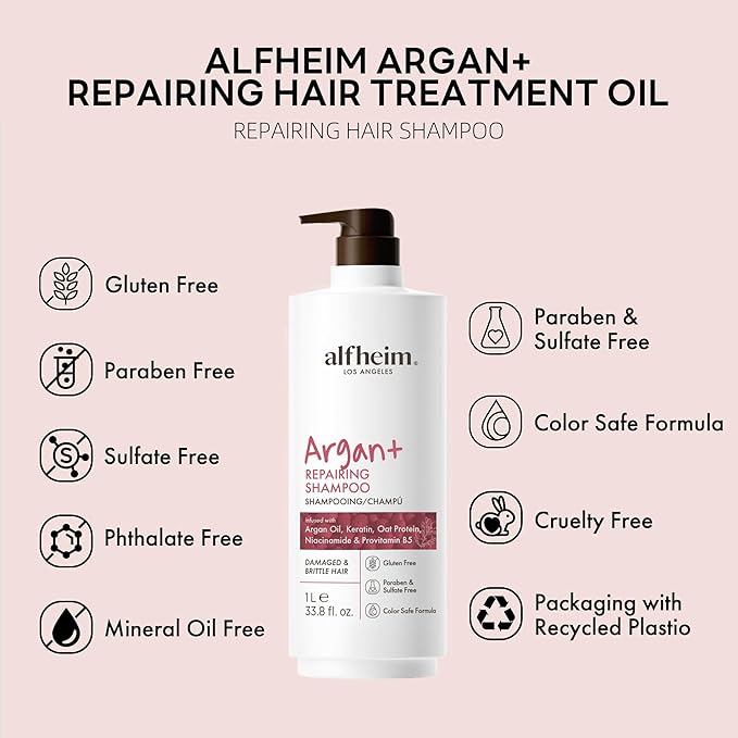 ALFHEIM Argan+ Repairing Shampoo | Argan Oil & Hydrolyzed Keratin for Deep Hydrating & Strengthening | Sulfate-Free for Dry, Damaged & Fragile Hair | Reduce Breakage and Frizz | 33.8 fl oz
