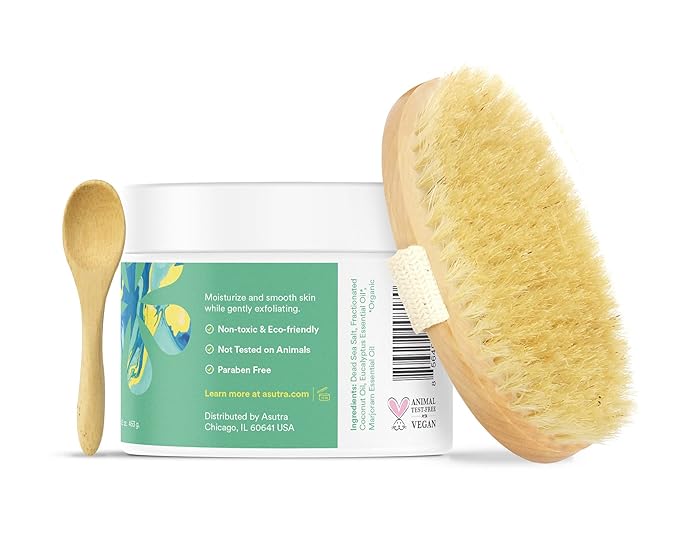 ASUTRA Dead Sea Salt Essential Oil Body Scrub Exfoliator and Dry Brush Bundle (Invigorating Eucalyptus), 16 oz - Ultra Hydrating, Gentle, & Moisturizing - Coconut, Eucalyptus, and Marjoram Oils