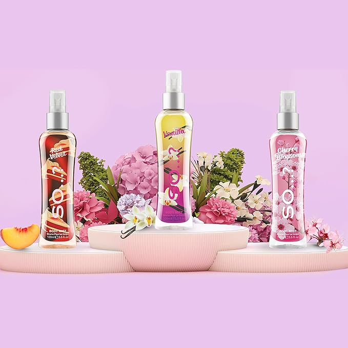 So…? Body Mist Set - Perfumes for Women - Vanilla Perfume, Red Velvet, Cherry Blossom - Scents Lasting 6 Hours - Fragrance Gifts for Women - 3 pcs