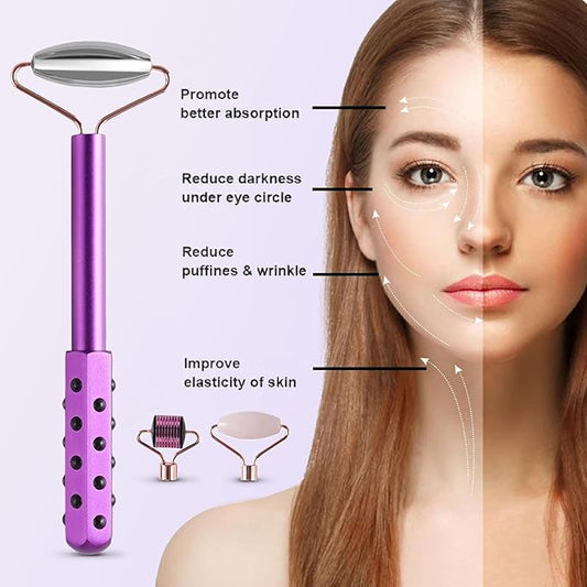 4-in-1 Germanium Stone Face Massager Beauty Roller for Up Lifting and Skin Care, Anti-Aging Beauty Tool with 3 Replaceable Heads - Jade Stone, Stainless Steel and 0.25mm Microneedle