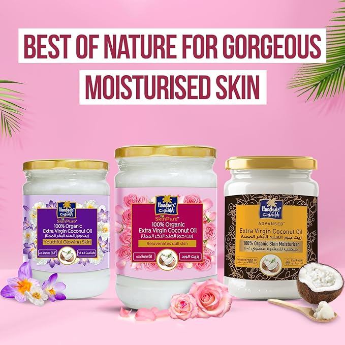 Parachute Advansed SkinPure 100% Organic Extra Virgin Coconut Oil with Rose Oil |Face & Body Oil Moisturizer |Boosts Collagen| Cold Pressed | 6.7 fl.oz | Glass Jar (Pack of 2)