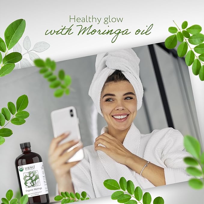 HBNO Organic Moringa Oil - 16 oz (475ml) Value Size - Ideal for Shampoos, Conditioners, Lip Balms, Face wash, Lotions, and Skin Care Products (Glass Bottle)