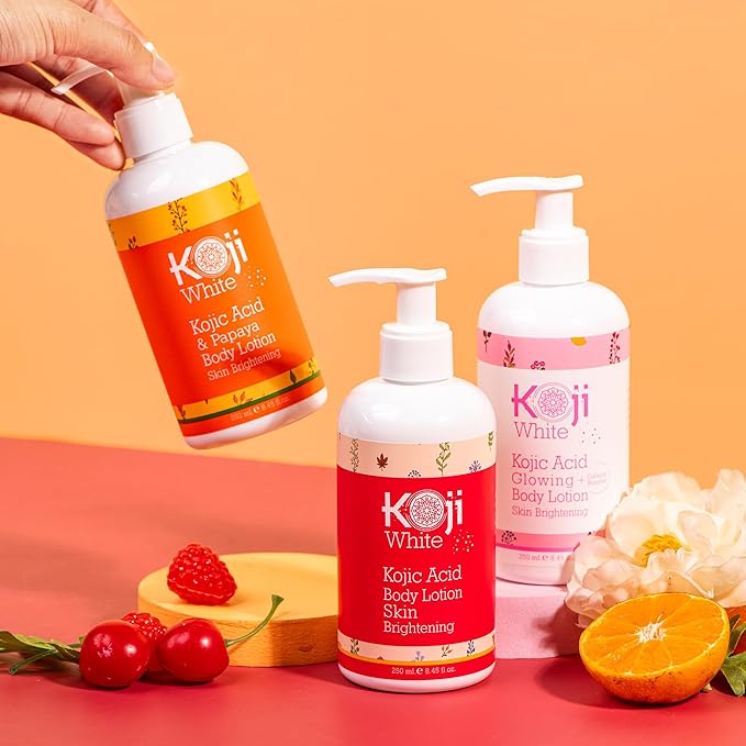 Koji White Kojic Acid & Papaya Body Lotion, Women Gift Sets for Exfoliating, Skin Brightening, Moisturizer, Radiance, Even Tone, Age Spots & Sun Damaged, Vegan, Paraben-Free, 8.45 Fl Oz (2 Bottles)