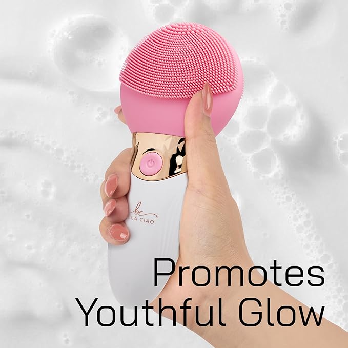 Bella Ciao Facial Cleansing Brush for Women – Rechargeable Silicone Face Scrubber, 4 Massage Settings, Exfoliating & Massaging, Water Resistant – Standing Base, Pink