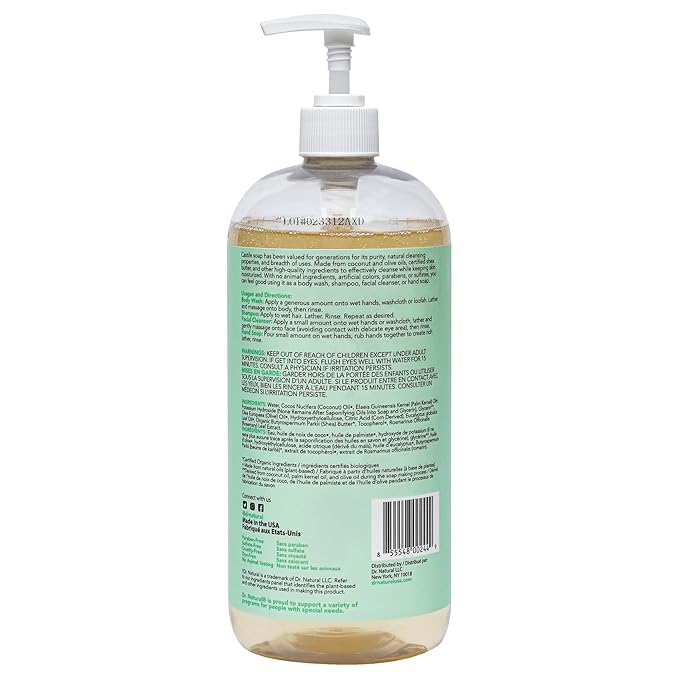 Dr. Natural Castile Liquid Soap - Multi-Use Body Wash, Shampoo and Face Wash - Hydrating Body Soap for Skin, Hair, Pets and Home - Eucalyptus - 32 oz