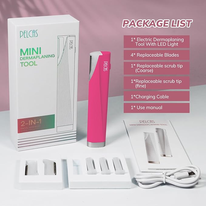 PELCAS Electric Dermaplaning Tool for Face with LED Light, Mini Dermaplaning Razor Kit for Women with 6 Replace Blades 3 Speeds Facial Peach Fuzz Exfoliation & Hair Removal At Home BV18-712 Rose Pink