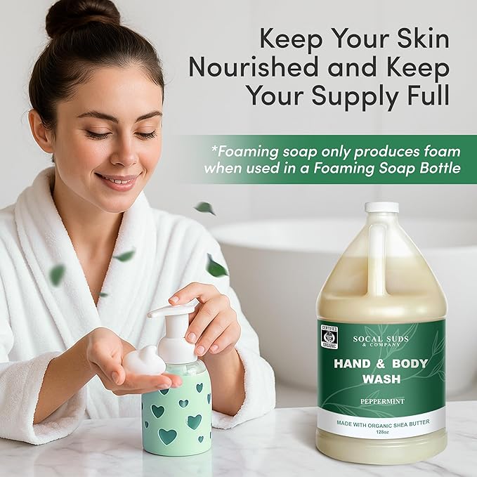 SoCal Suds & Company 128oz Certified Organic Hand & Body Wash w/Shea Butter- Gentle Natural Body,Baby & Face Wash for Sensitive Skin, Moisturizing Thick Castile Soap, Hand Soap and More - Peppermint