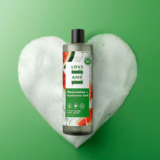 Love Beauty and Planet Plant-Based Body Wash Hydrate and Restore Skin Watermelon and Hyaluronic Acid Made with Plant-Based Cleansers and Skin Care Ingredients, 100% Biodegradable 20 fl oz