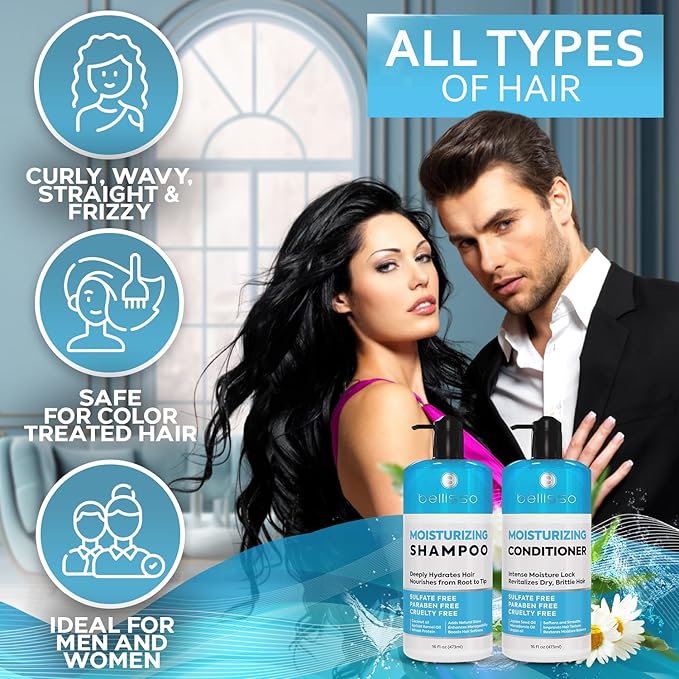 Moisturizing Shampoo and Conditioner Set - Sulfate Free Care for Women and Men - Hydrating, Deep Moisture Duo with Shea Butter - Salon Grade, Color Safe - Ideal for Curly Hair and Dry Split Ends