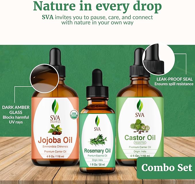 SVA Rosemary Essential Oil 1oz, Castor Oil 4oz, and Jojoba Oil 4oz Bundle Super Saver Combo – Premium Grade Value Set for Hair Oiling, Scalp Massage, Hair Care, Face, Skin Care, and Body Massage