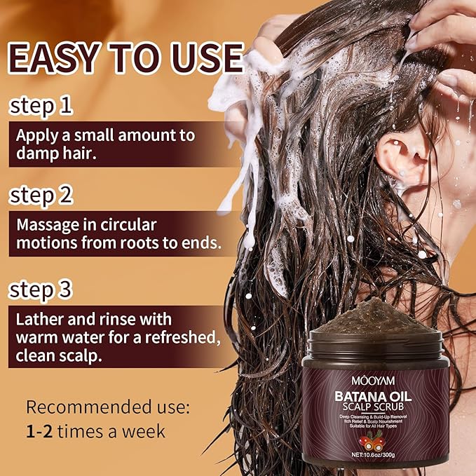 Scalp Scrub with Batana Oil, 2-in-1 Shampoo Scalp Exfoliator for Hair Treatment, Includes Silicone Scalp Massager, Removes Buildup & Dandruff, 10.6oz