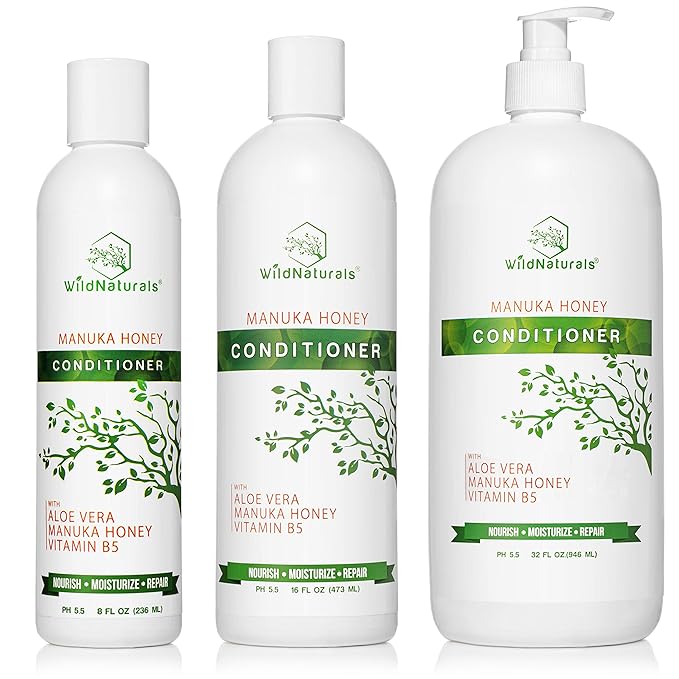 Wild Naturals Sulfate Free Conditioner : With Manuka Honey + Aloe Vera, For Hair Loss, Thinning Hair, and Itchy Dry Scalp. Anti Dandruff, Moisturizing, 98% Natural, 80% Organic Healing Plant-Based