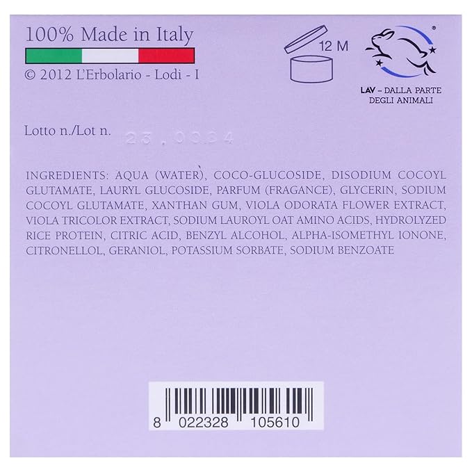LErbolario Shower Gel, Accordo Viola, 10.1 oz - With Extracts of Violet - Floral Powdery Scent - Moisturizing and Nourishing Body Wash - Cruelty-Free