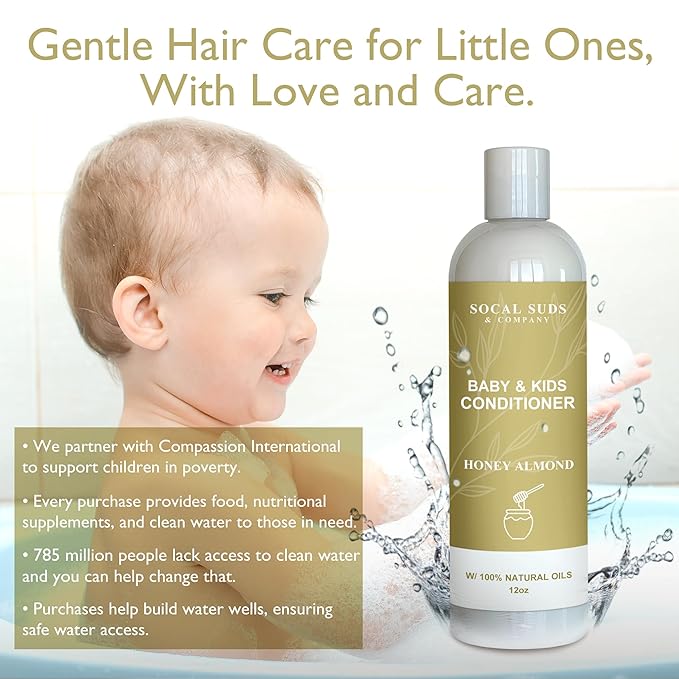 SoCal Suds & Company Organic Baby & Kids Conditioner – Moisturizing Formula with Natural Honey Almond Scent, Gentle & Nourishing, All Hair Types, Non-Greasy, Ideal for Sensitive Scalps, 12oz