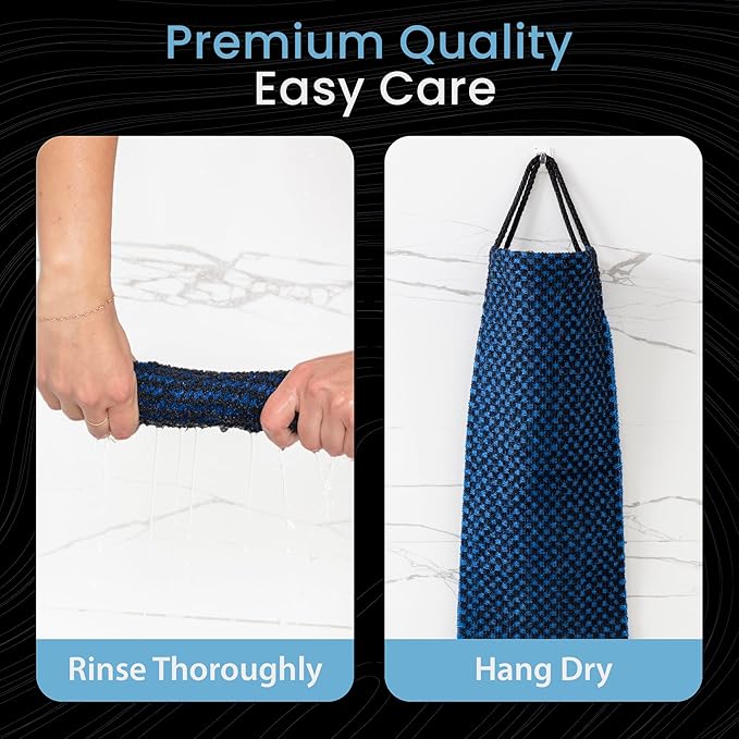 Japanese Exfoliating Washcloth for Back & Body 2-Pack - Charcoal & Silver Ion Exfoliating Towel with Handles - Two-Sided Gentle Exfoliation & Deep Cleanse Body Wash Cloths for Shower - 1 White, 1 Blue