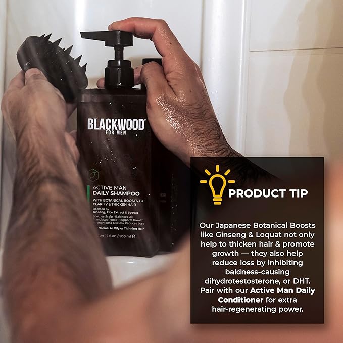 BLACKWOOD FOR MEN Active Man Daily Shampoo - Thickening & Clarifying Shampoo for Normal to Oily Hair or Scalp - Fights Hair Loss - Natural Vegan Formula - Sulfate Free with Ginseng & Aloe Vera (17oz)