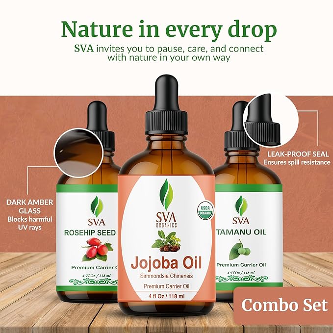 SVA Tamanu, Rosehip & Jojoba Oil 4oz Bundle Super Saver Combo – Premium Grade Bundle Set for Hair Oiling, Scalp Massage, Hair Care, Face, Skin Care and Body Massage