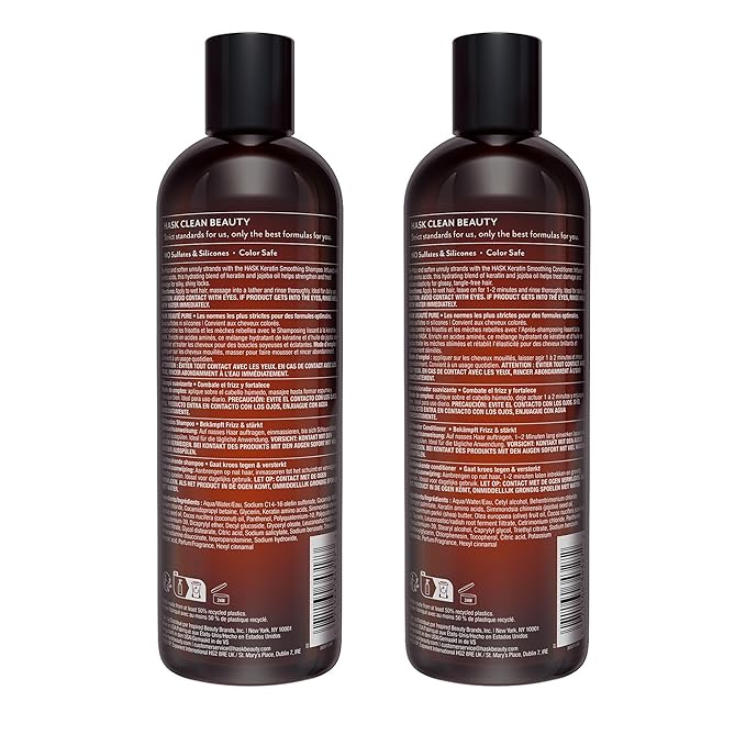 HASK Keratin Smoothing Shampoo + Conditioner Set | For All Hair Types, Sulfate-Free, Paraben-Free, Gluten-Free, Cruelty-Free, Color Safe