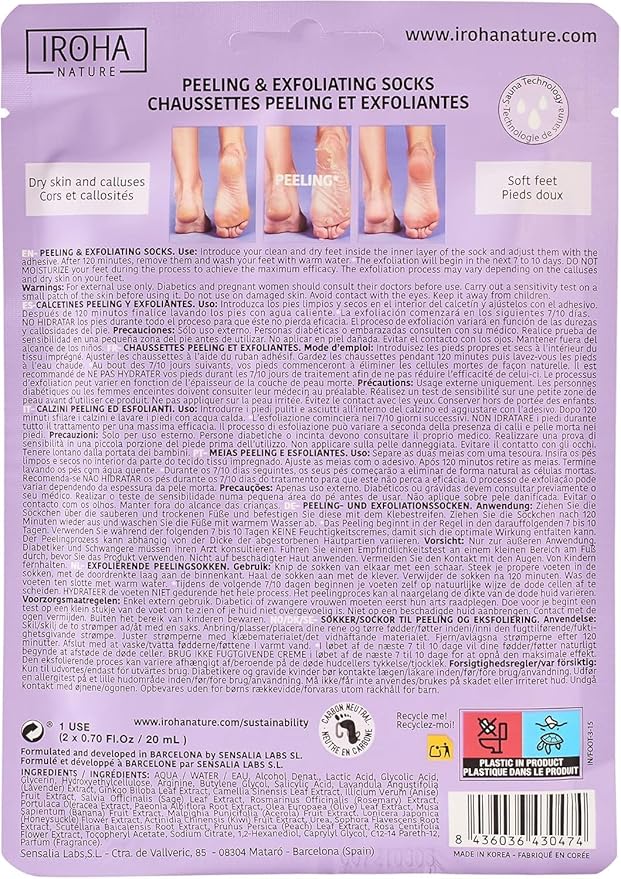 IROHA NATURE Exfoliating Foot Peeling Socks | 2 Pairs (2 Uses)| With Glycolic, Lactic, Salicylic Acids & Lavender | Intensive Treatment for Callused, Dry & Cracked Feet | Vegan Formula