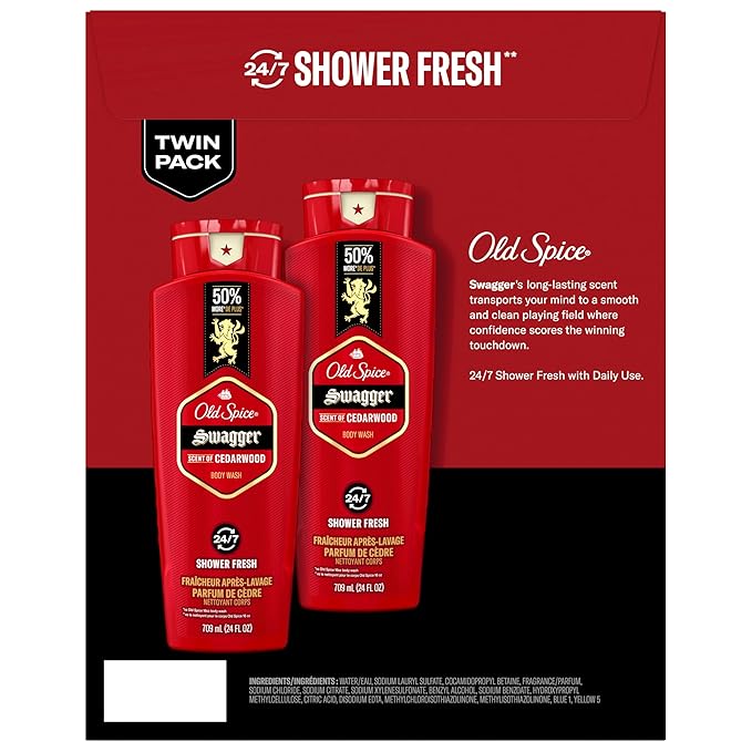 Old Spice Refreshing Body Wash for Men, 3X Defense, 24/7 Shower Fresh with Long Lasting Scent, Red Collection, Swagger with Cedarwood Scent, 24 oz (Pack of 2)