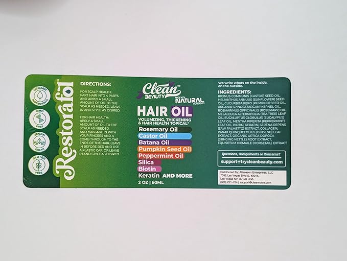 Clean Beauty Rosemary Hair Oil For Growth with Castor Oil Batana Oil Pumpkin Seed Oil Peppermint Oil Silica Biotin Collagen Keratin Saw Palmetto Horsetail Tea Tree Vit E Aloe Vera Jojoba (1 Pack)