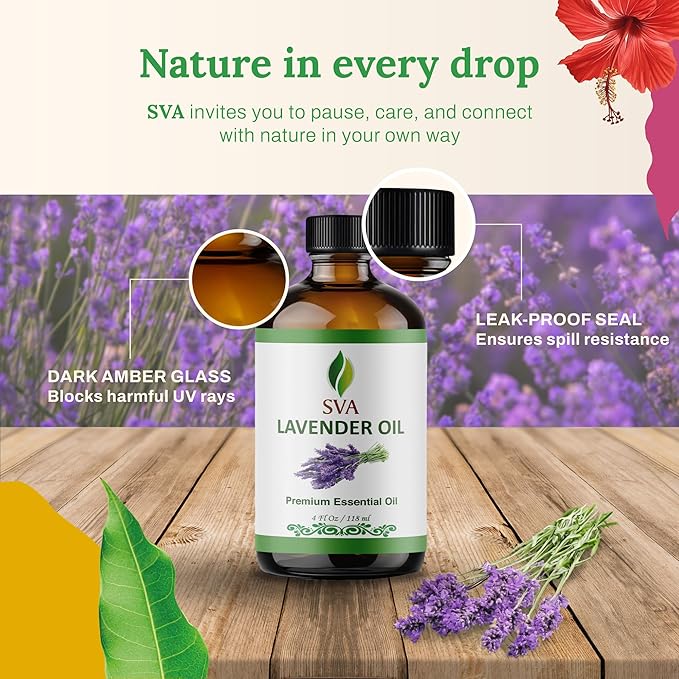 SVA Lavender Essential Oil – 4 Fl Oz – 100% Natural Lavender Oil - for Diffuser, Hair Care, Face, Skin Care, Aromatherapy, Scalp and Body Massage, Soap and Candle Making – with Dropper