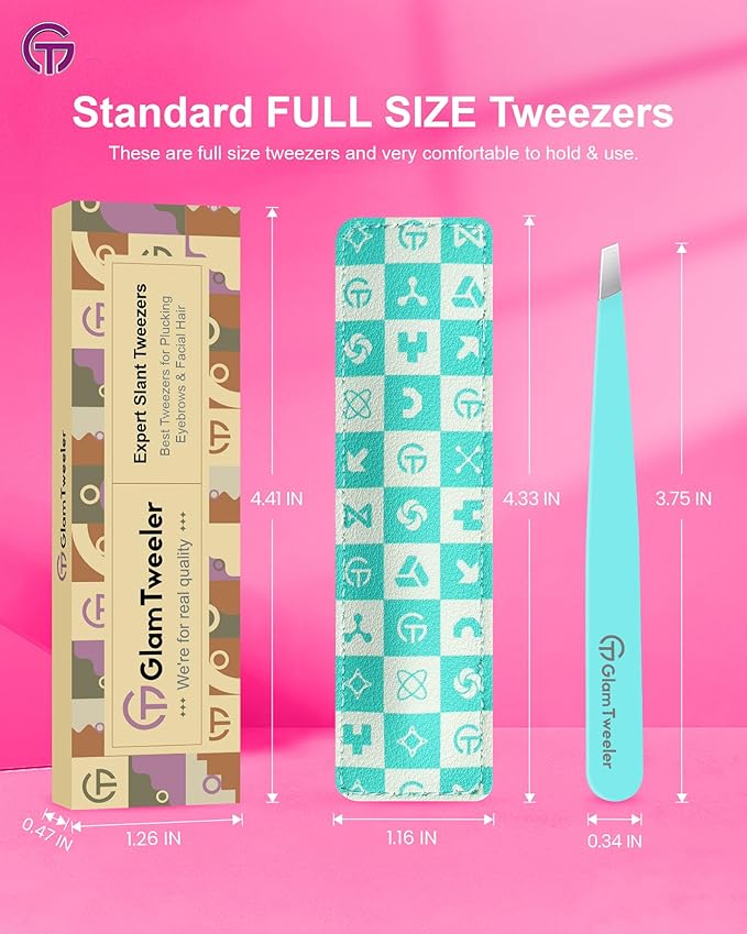 Expert Eyebrow Hair Removal Tweezer with Leather Case, GlamTweeler High Precision Slant Tip Stainless Steel Tweezers for Men and Women (Robin's Egg Blue)