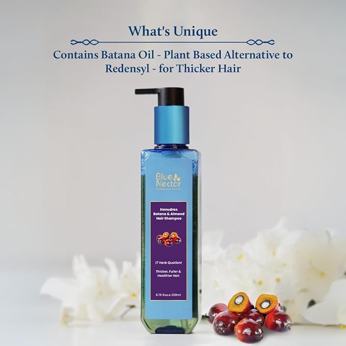 Blue Nectar Batana Oil Shampoo for Fuller & Stronger Hair | Suitable for Dry, Frizzy, Curly, and Wavy Hair | Redensyl Alternate | Organic Shampoo for Women & Men (6.76 Fl Oz, 17 Herbs)