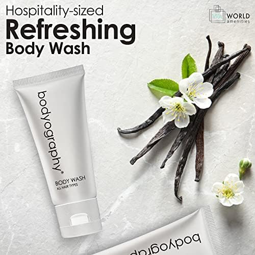 Bodyography blanc- Bulk Body Wash | 1.4oz | Vanilla White Tea, Mini Travel Size Toiletries (100% Recyclable Tube with Flip Top Cap) Hotel Amenities, Suitable for All Skin Types