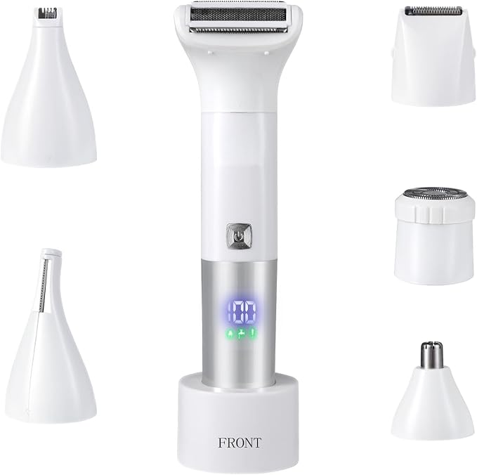 Bikini Trimmer for Women, 6-in-1 Body Hair Trimmer, Facial & Pubic Hair Removal, IPX7 Waterproof Wet & Dry Grooming Electric Shaver Kit,Cordless Travel Razor with USB Charging Dock