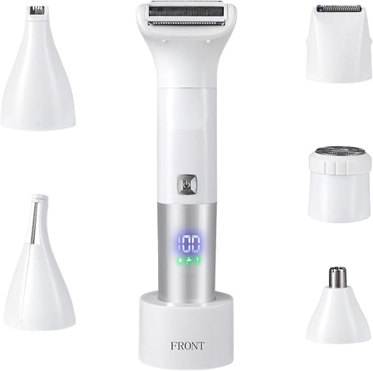 Bikini Trimmer for Women, 6-in-1 Body Hair Trimmer, Facial & Pubic Hair Removal, IPX7 Waterproof Wet & Dry Grooming Electric Shaver Kit,Cordless Travel Razor with USB Charging Dock