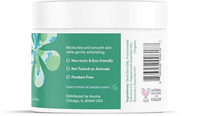 ASUTRA Dead Sea Salt Essential Oil Body Scrub Exfoliator (Purifying Peppermint), 16 oz - Ultra Hydrating, Gentle, & Moisturizing - Coconut, Peppermint, and Rosemary Oils