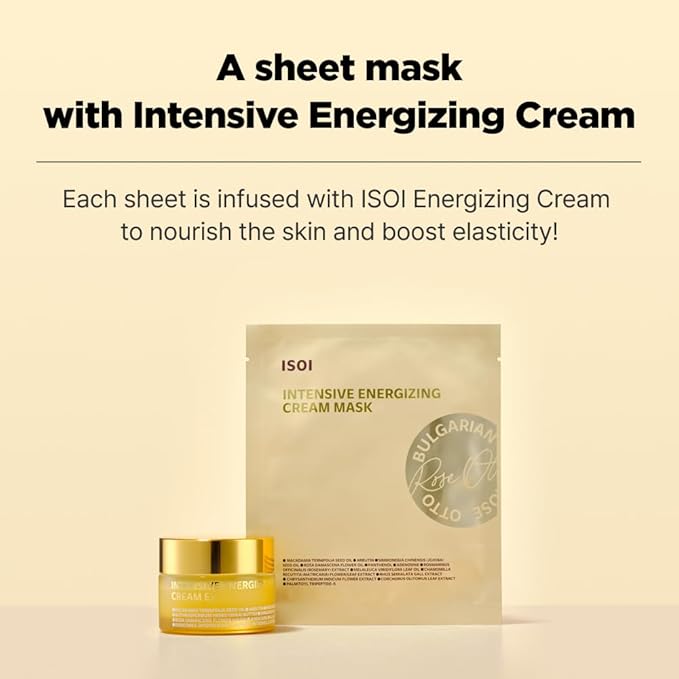 ISOI Intensive Energizing Cream Mask Pack, Premium Sheet Mask for Skin Elasticity & Firmness, Infused with High-Moisturizing & Nourishing Firming Cream, Korean Skin Care (4EA)
