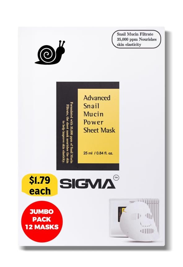 Korean Skin Care - Pack of 12 Snail Mucin Face Masks. Deep Moisturizing for Dry Treatment. Gentle on Sensitive Skin. No Parabens, No Sulfates, Never Tested on Animals