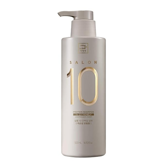 Mise En Scene 𝗦𝗮𝗹𝗼𝗻 𝟭𝟬 Protein Shampoo for Severe Damaged Hair - Low porosity Hair Product, Korean HairPerfume Shampoo, 10-Sec Protein Clinic, Moisturizing & Restoring, 16.9 Fl. Oz. (500ml)