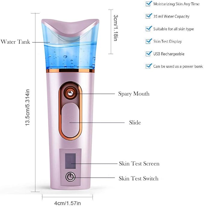 Nano Facial Mister with Skin Analyzer Moisture Tester, FANTEXY Portable Mini Cool Face Mist Steamer with USB, Handy Facial Sprayer for Eyelash Extensions, Face Moisturizing,Hydration Refreshing