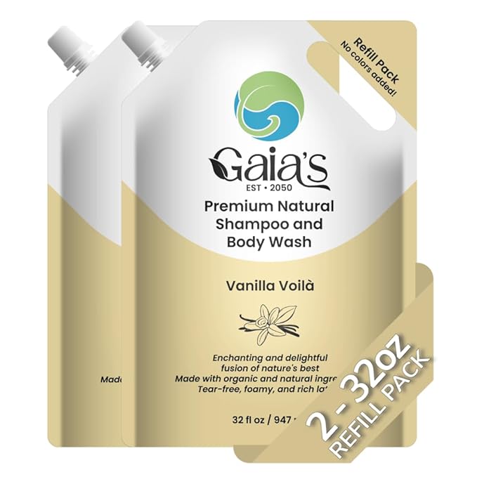 GAIA'S Natural Body Wash and Shampoo Vanilla, Bulk Refill Size, 64 Fl Oz, Sulfate Free, Paraben Free, Dye Free, Tear Free, Organic and Natural Ingredients, PH Balance Feminine