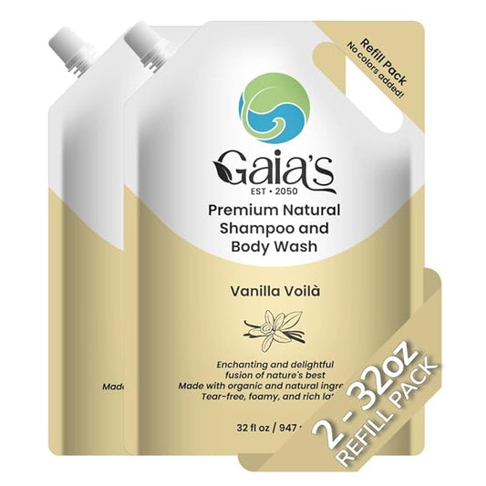 GAIA'S Natural Body Wash and Shampoo Vanilla, Bulk Refill Size, 64 Fl Oz, Sulfate Free, Paraben Free, Dye Free, Tear Free, Organic and Natural Ingredients, PH Balance Feminine